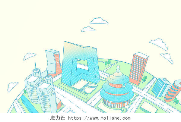 黄色俯视平面线条北京建筑建筑城市背景